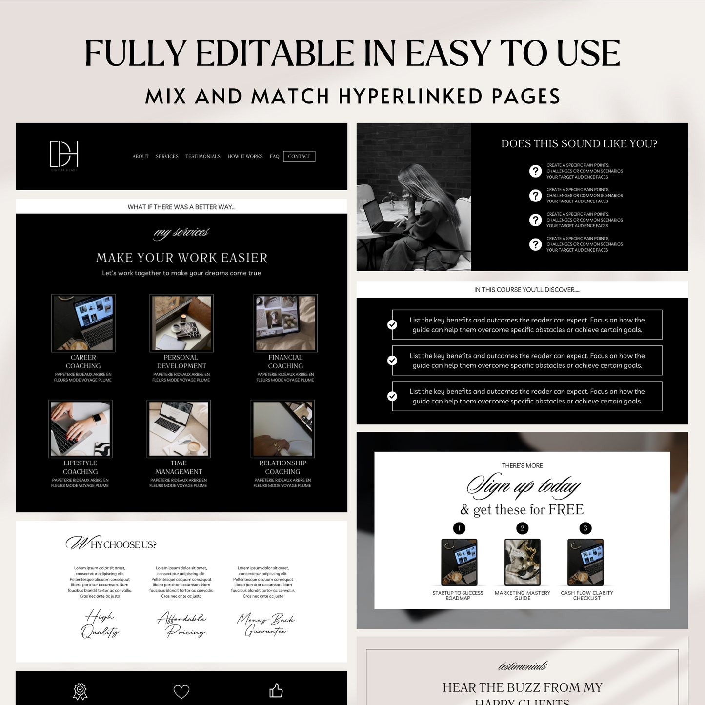 Black Aesthetic Coaching Website Template | Editable One-Page Canva Website for Course Creators & VA Businesses