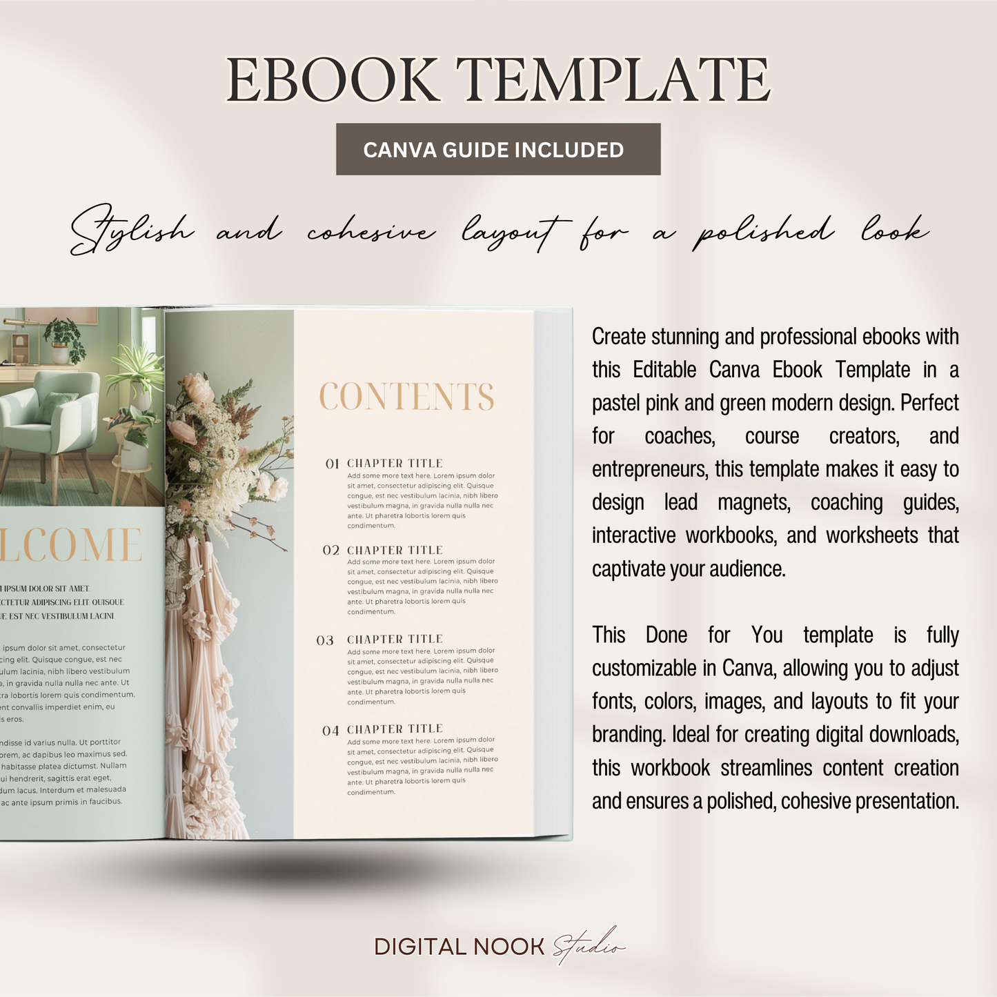 Editable Canva Ebook Template | Pastel Pink & Green Lead Magnet | Coaching Guide & Course Workbook