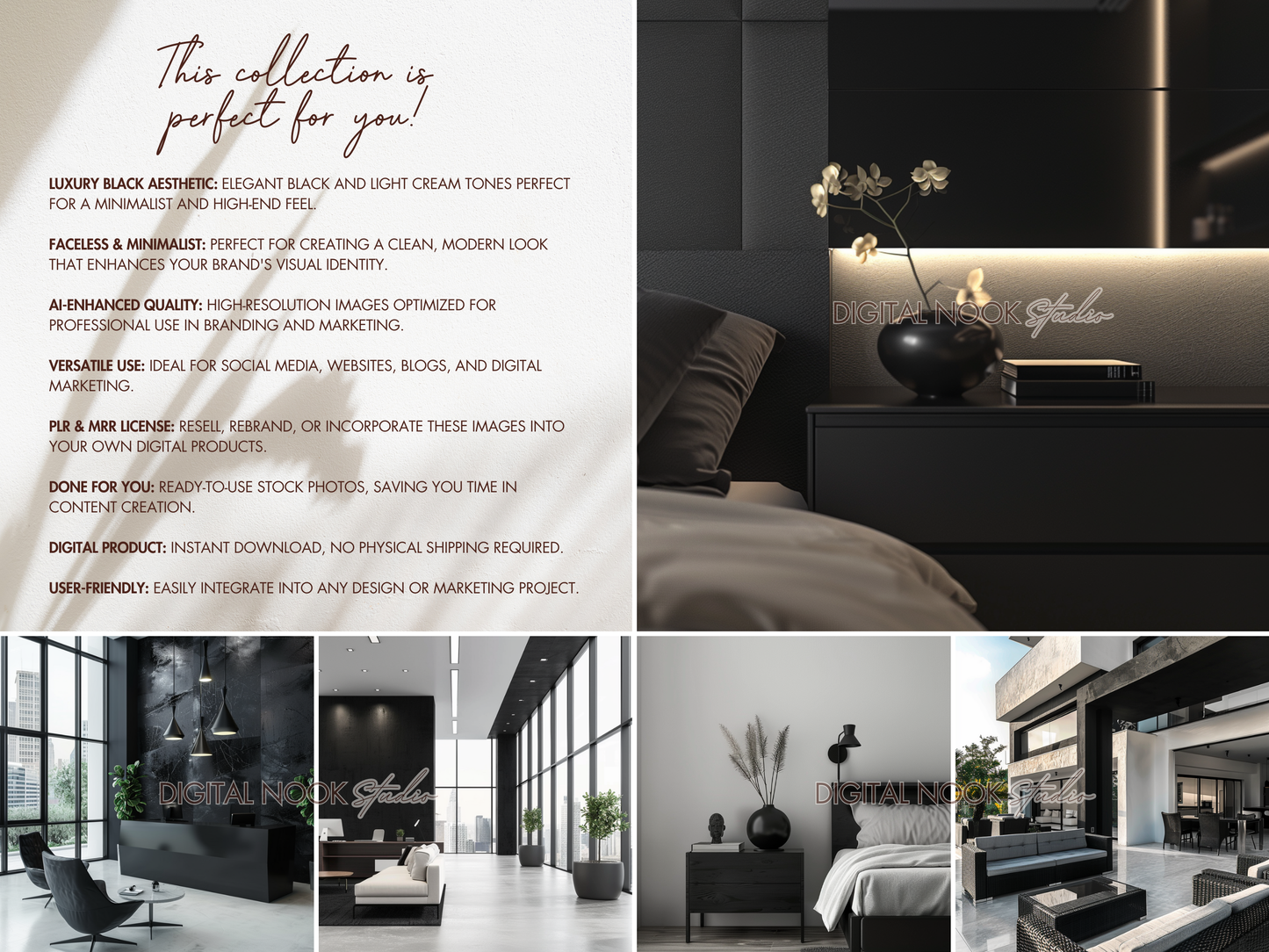 100 Luxury Black Aesthetic Home & Office Stock Images – Minimalist Faceless AI Branding & Social Media PLR