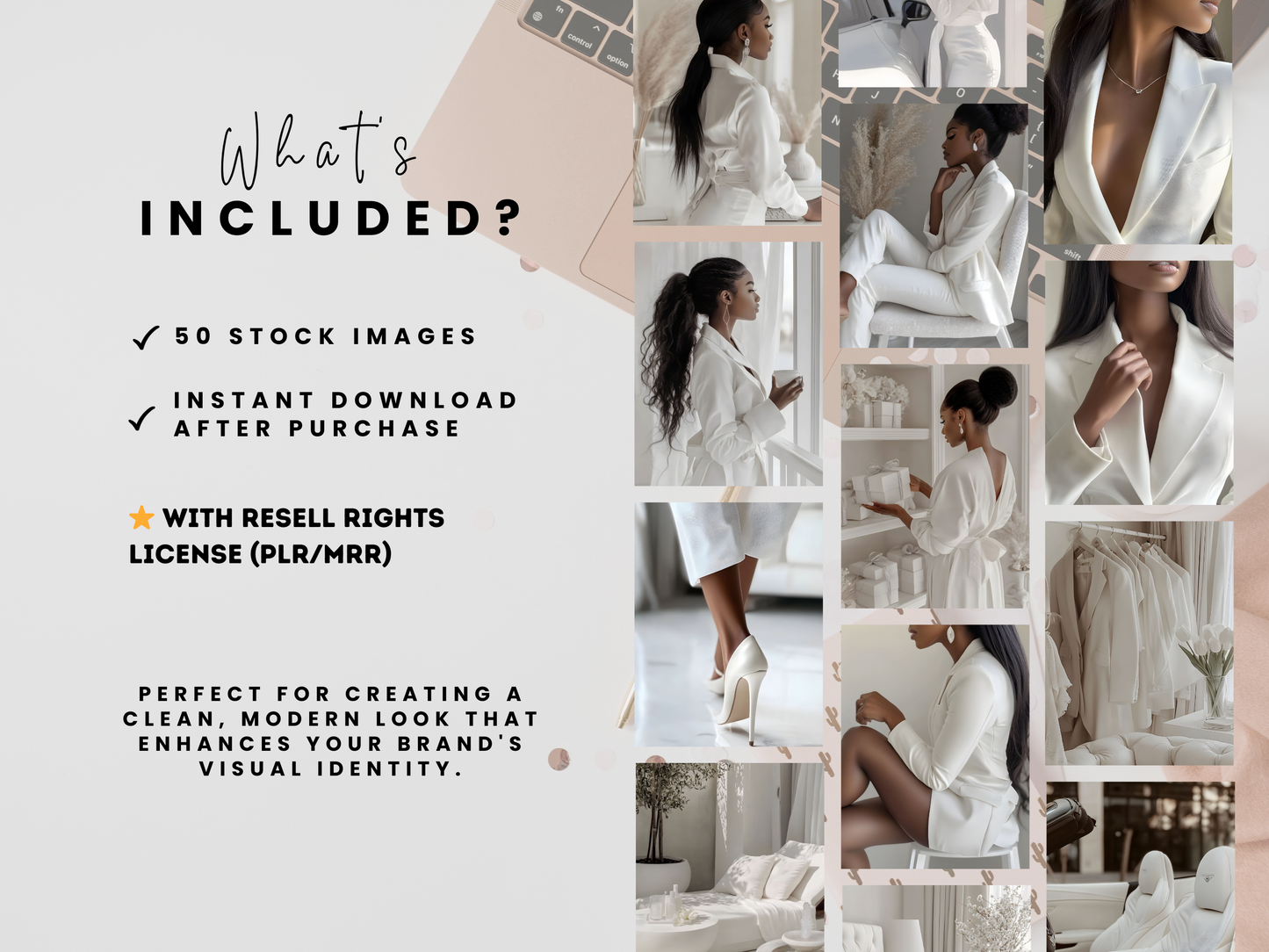 50 Melanin Aesthetic Faceless Business Woman in White | Luxury Stock Images for Branding & Social Media PLR