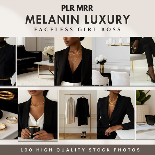 100 Melanin Aesthetic Faceless Woman Stock Images | Elegant Black & Gold AI Branding & Social Media PLR