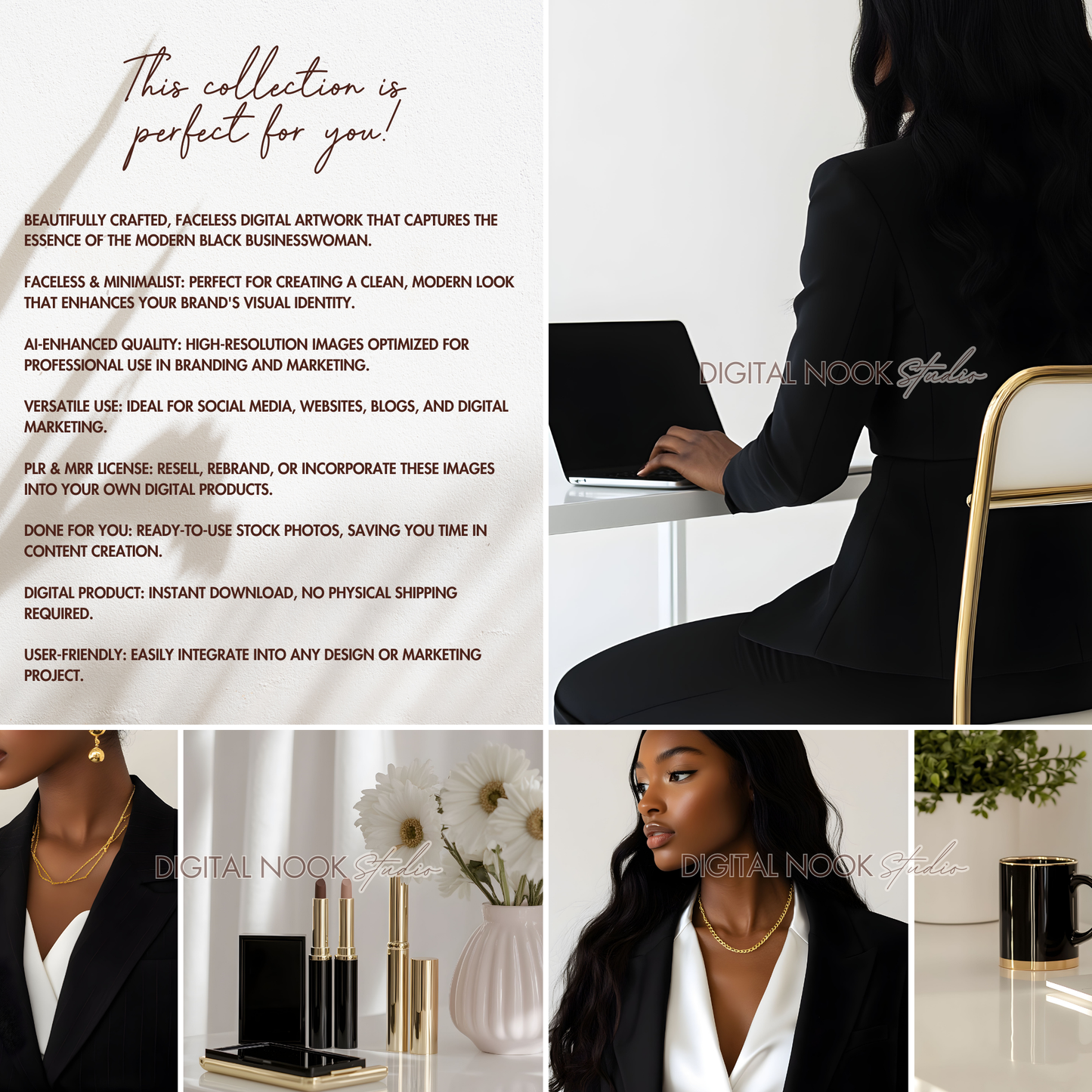 100 Melanin Aesthetic Faceless Woman Stock Images | Elegant Black & Gold AI Branding & Social Media PLR