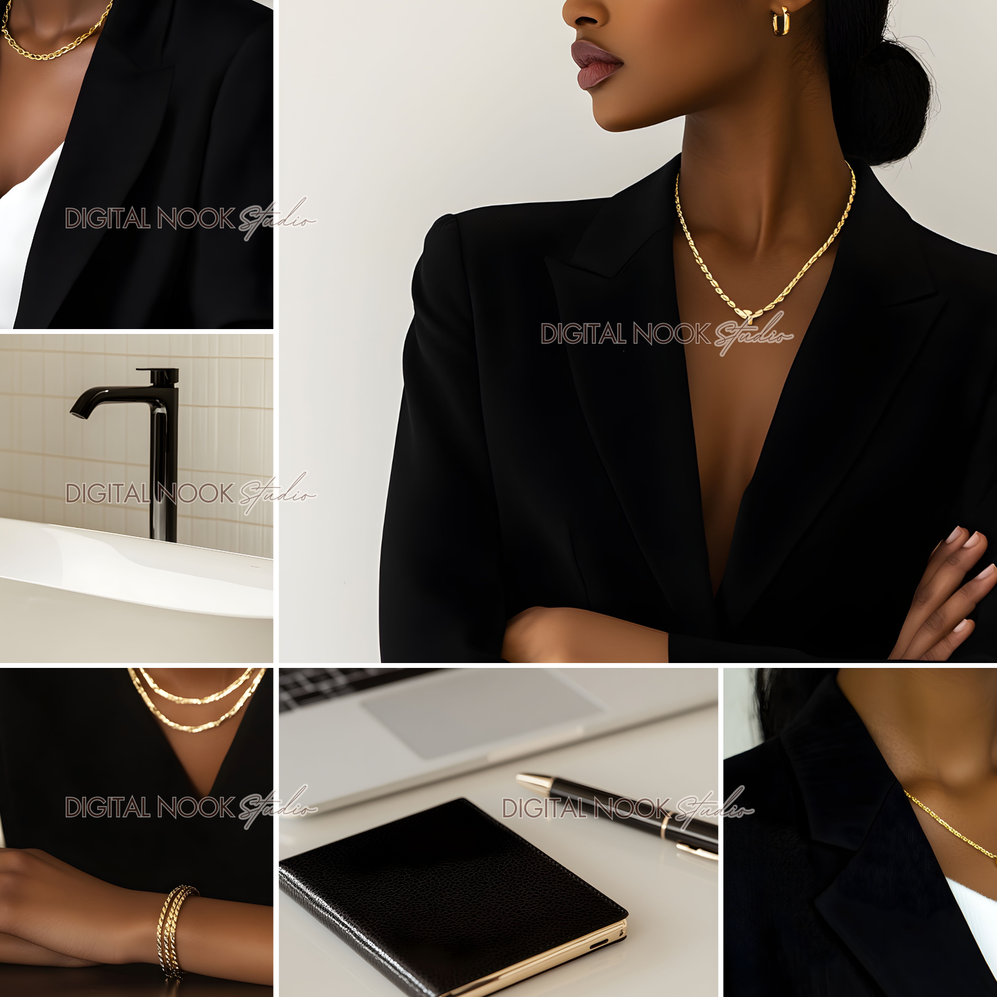 100 Melanin Aesthetic Faceless Woman Stock Images | Elegant Black & Gold AI Branding & Social Media PLR